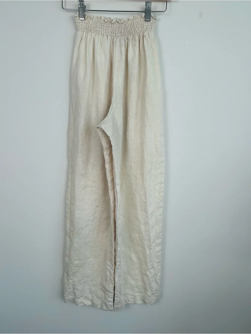 Reformation Mora 100% linen natural color smocked waist pull on pants, small.